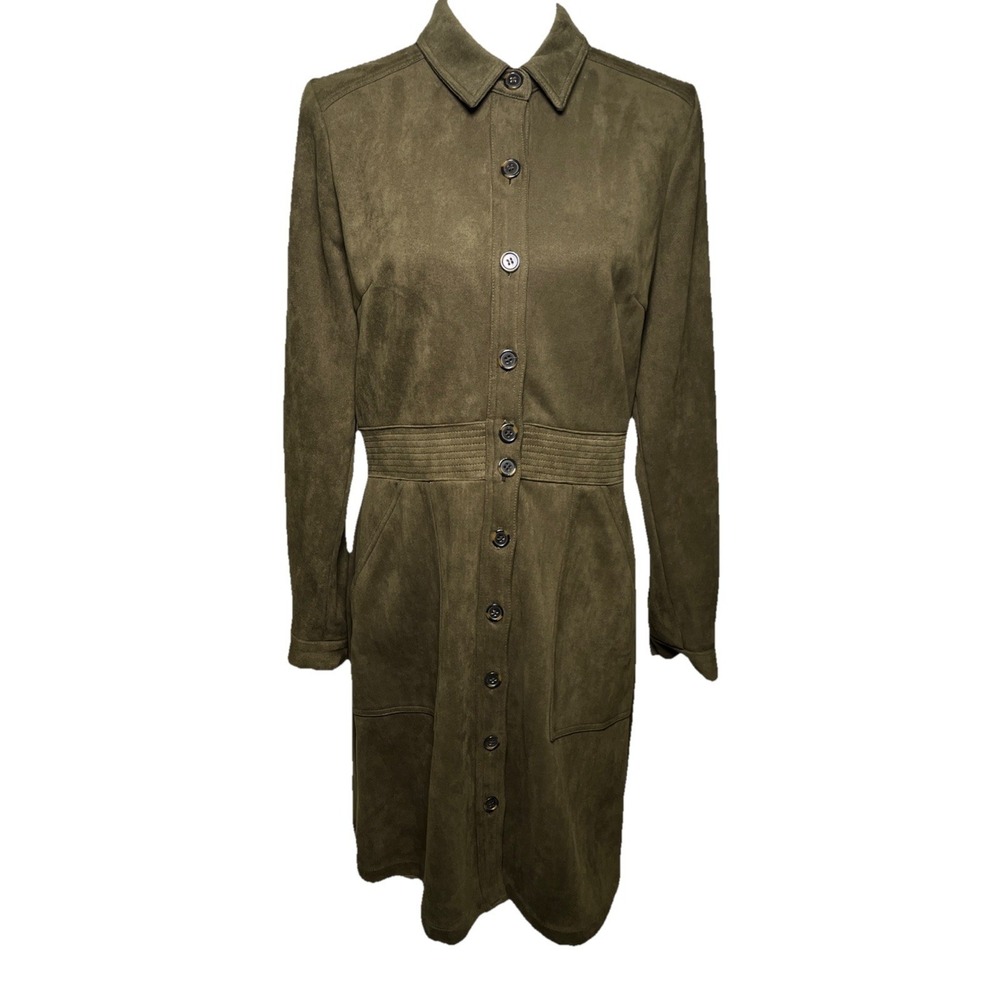 a Loves a NWT Womens Size XL Olive Green Faux Suede Long Sleeve Button Up Dress